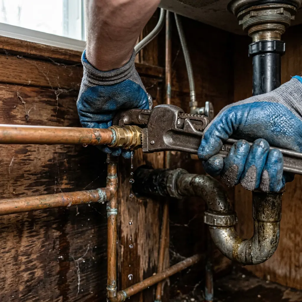 A technician using a heavy pipe wrench to tighten a leaking brass coupling on a copper water line in Lake Oswego.