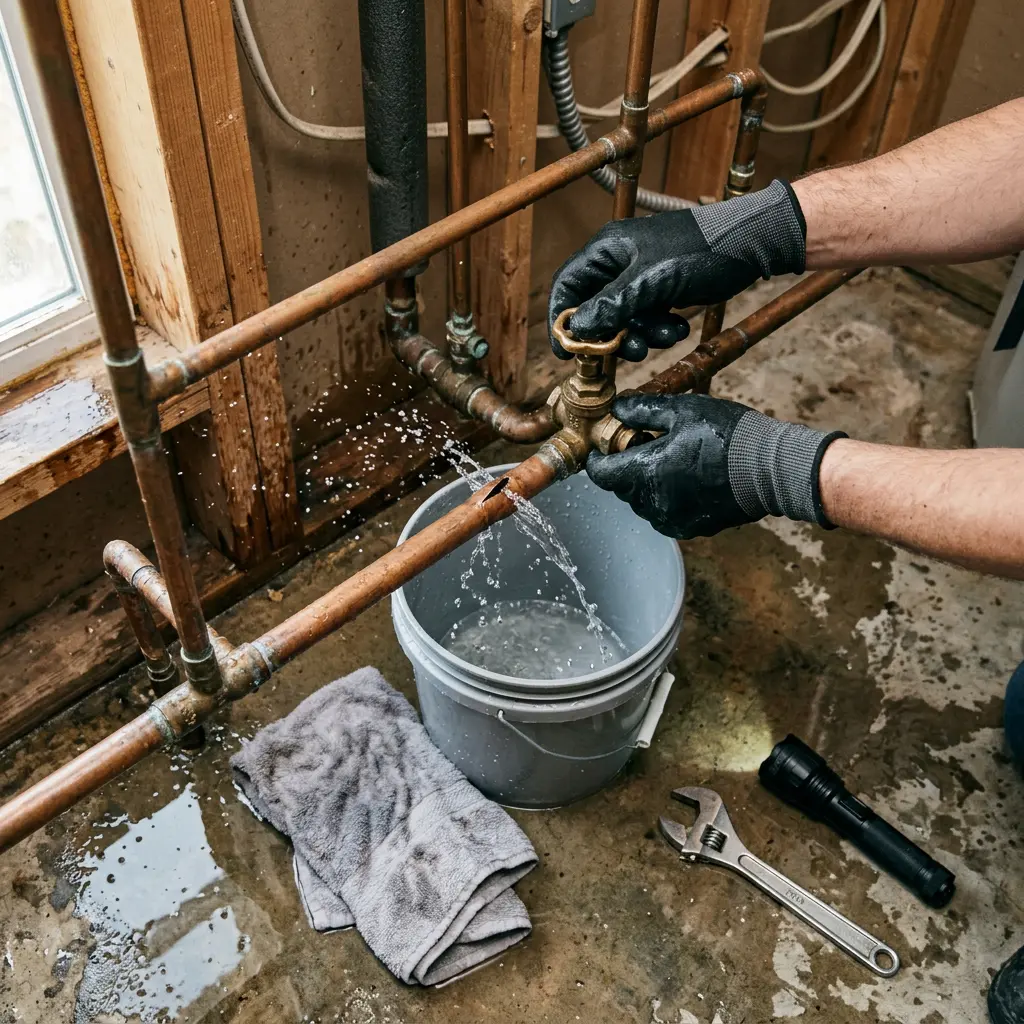 Gloved hands turning off a main water valve above a burst copper pipe dripping into a bucket in Beaverton.