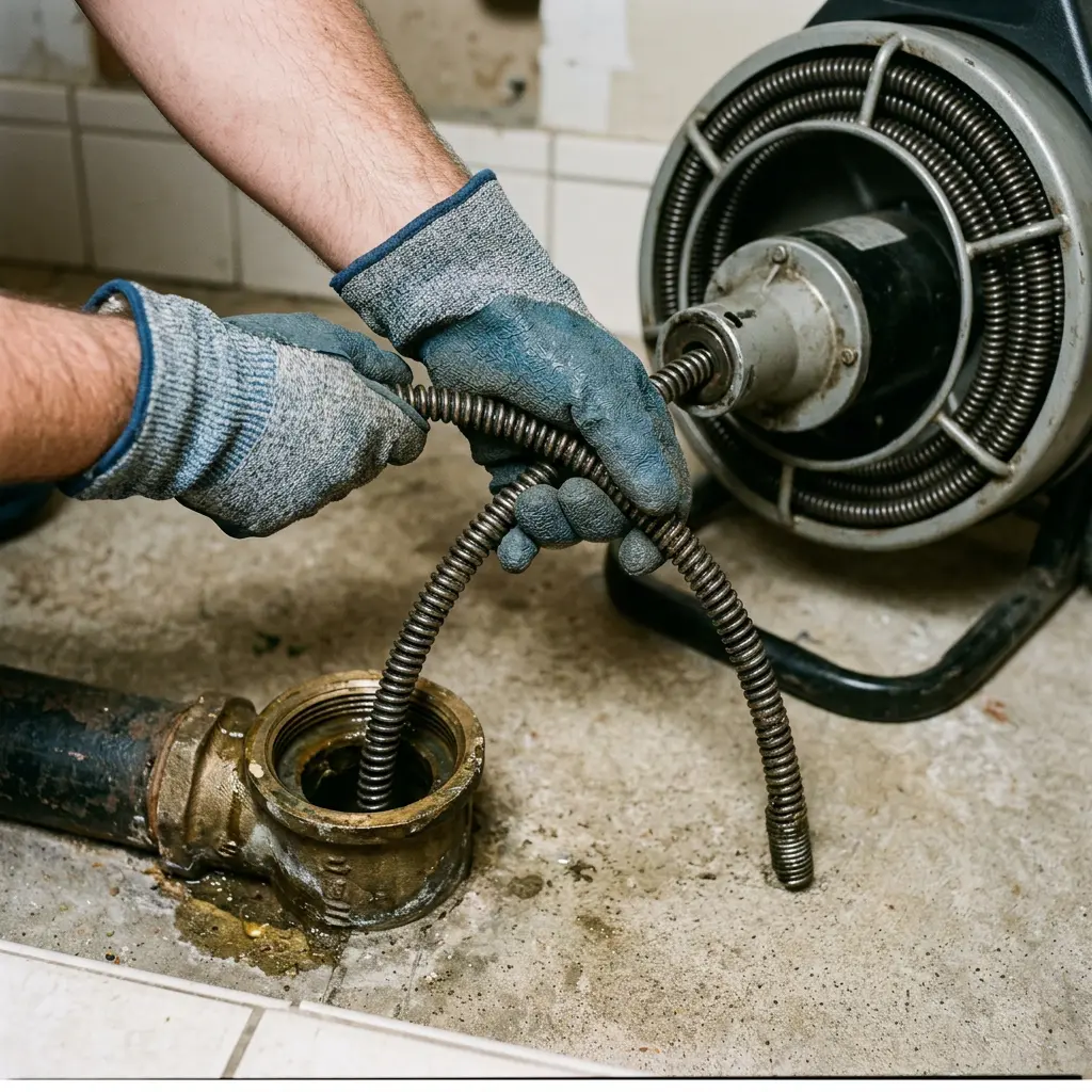 Gloved hands guiding a motorized drain snake cable into a floor cleanout pipe in Portland.
