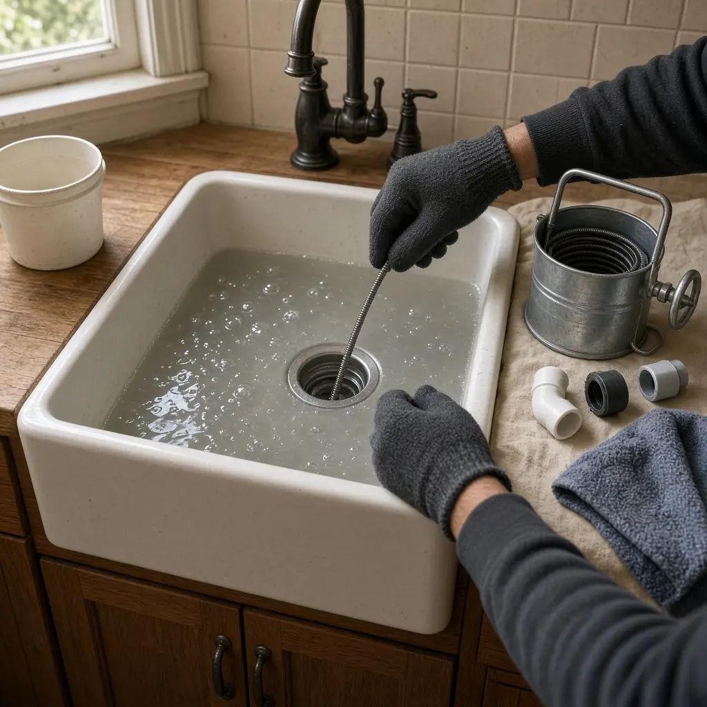 A plumber inserting a flexible drain snake cable into a kitchen basin filled with standing water in Hillsboro.