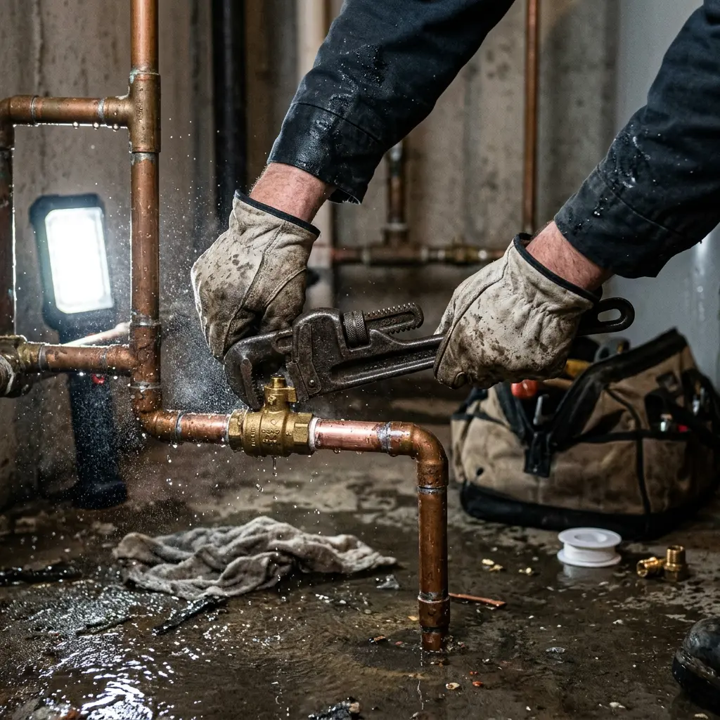 A plumber holding a heavy wrench to fix a spraying copper valve on a basement line in Portland.
