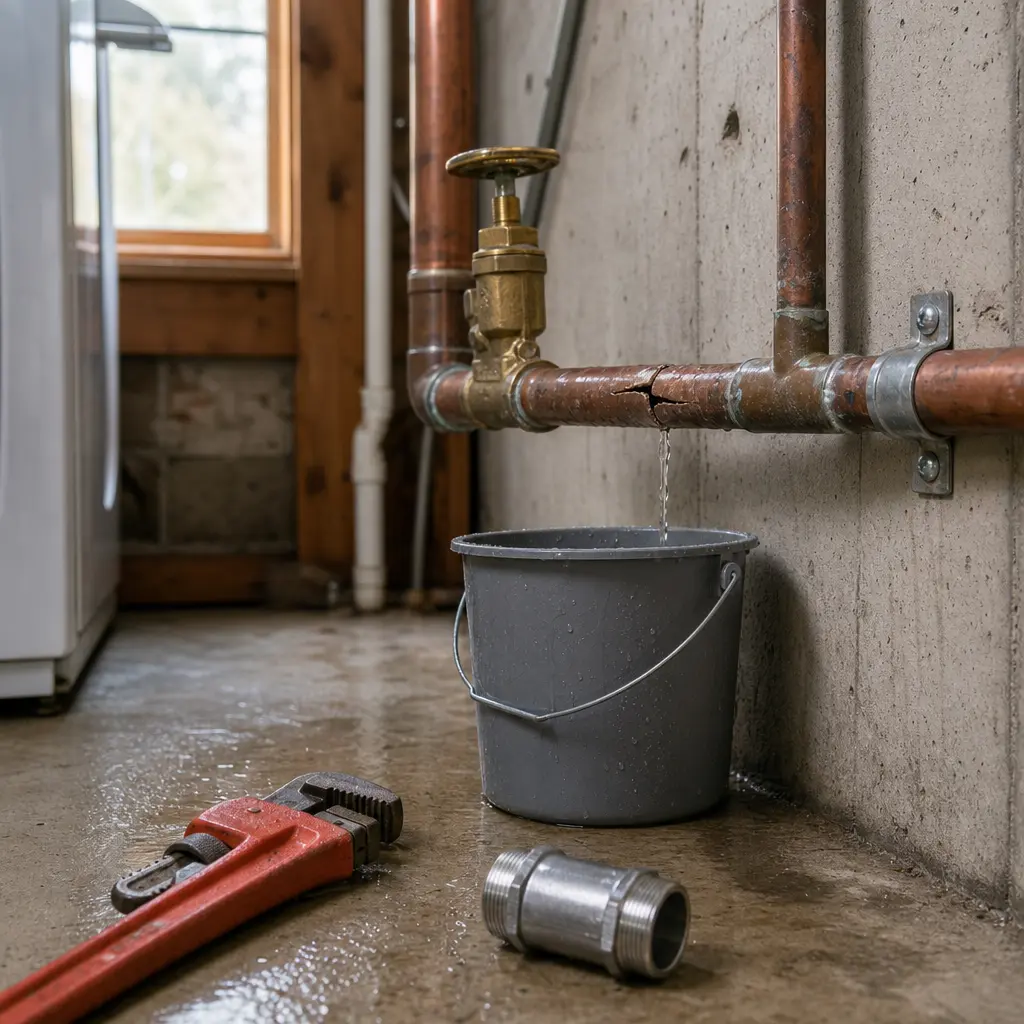 A cracked copper water line leaking into a grey plastic bucket on a wet concrete floor in Scappoose.