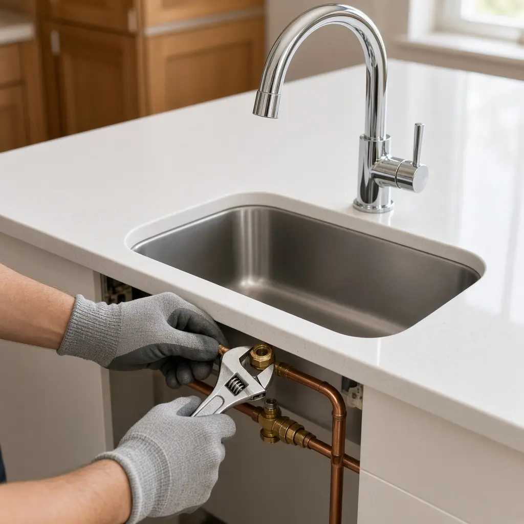 A plumber wearing work gloves using an adjustable wrench on copper faucet supply fittings in Hillsboro.