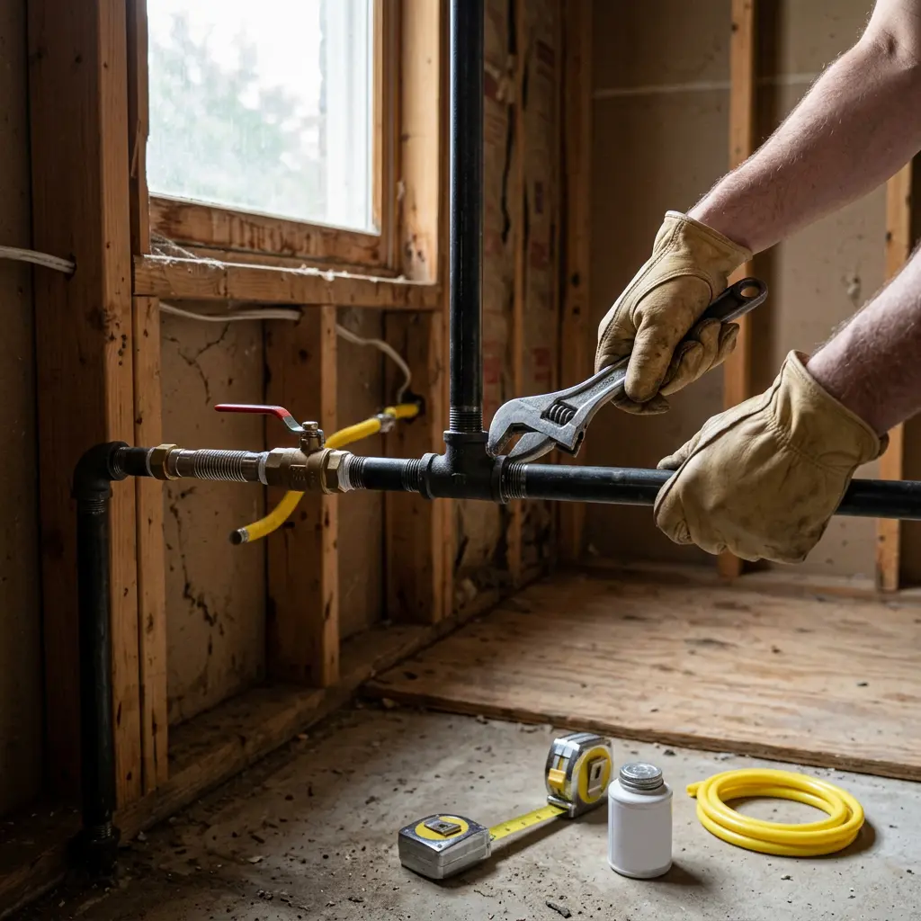 A worker holding an adjustable wrench on a black gas pipe tee inside an exposed wall stud frame in Hillsboro.