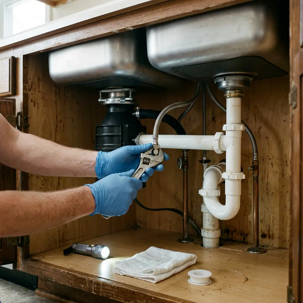 A technician using a wrench to tighten braided water lines under a double kitchen sink in Beaverton.