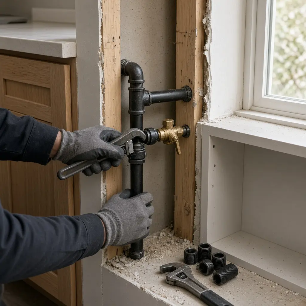 A plumber using a pipe wrench on an iron gas line valve assembly installed inside framed wall studs in Lake Oswego.