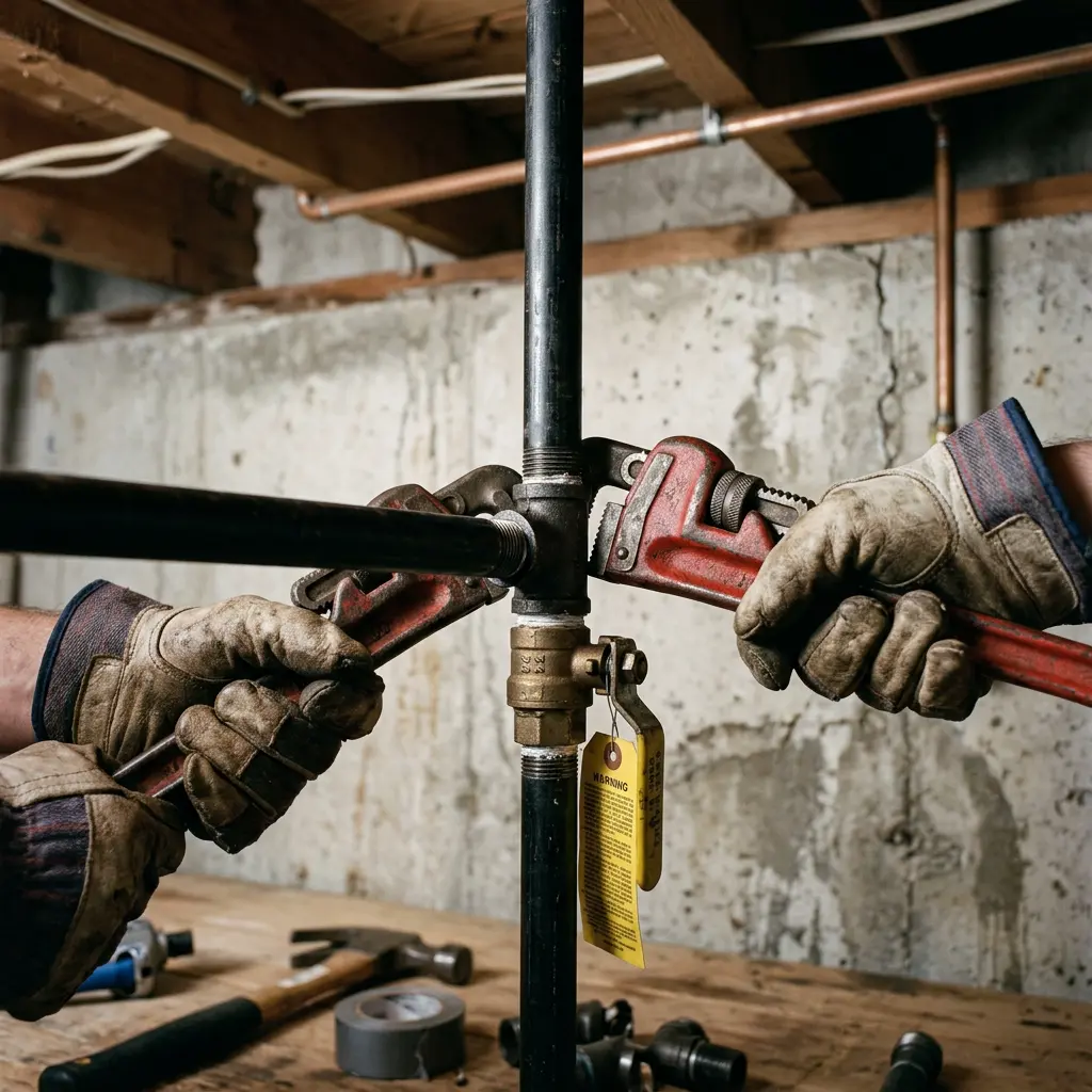 Two plumbers using pipe wrenches on a main gas riser valve labeled with a yellow safety tag in Scappoose.