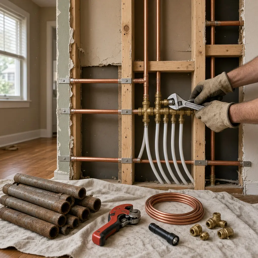 Gloved hands assembling a copper and PEX manifold next to corroded galvanized pipes removed during a project in Hillsboro.