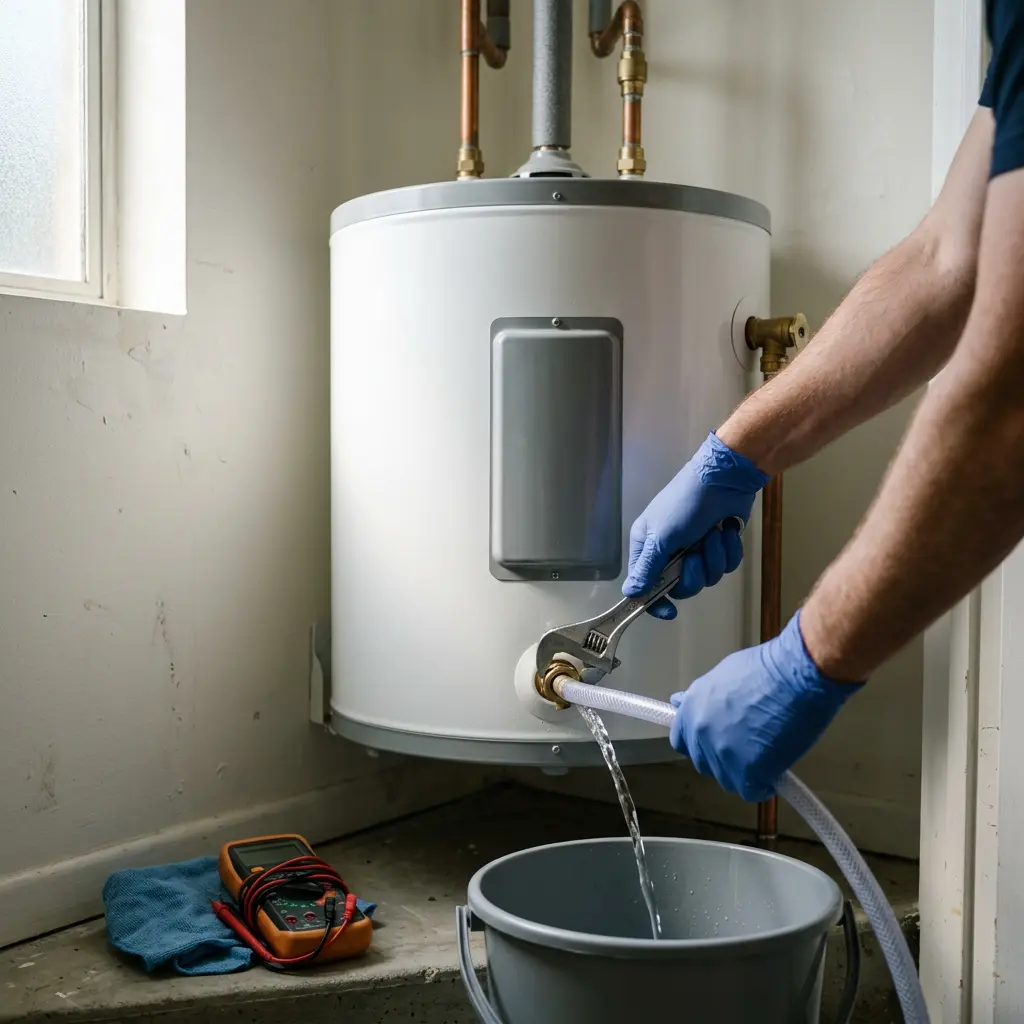 A technician using a wrench to drain water from a heater tank valve through a hose into a bucket in Beaverton.