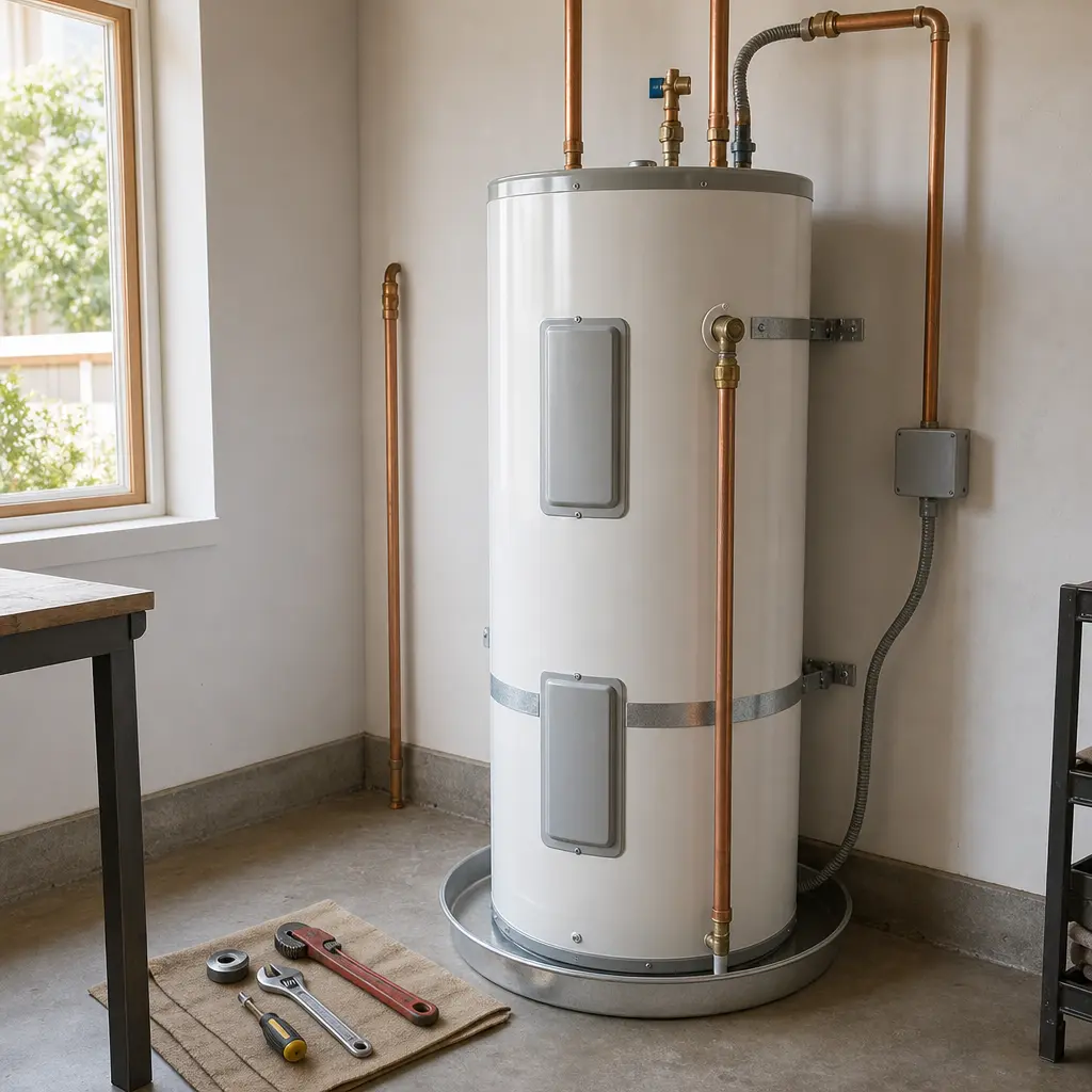 A fully installed white hot water heater tank resting in a metal drain pan with plumbing tools on a mat in Beaverton.