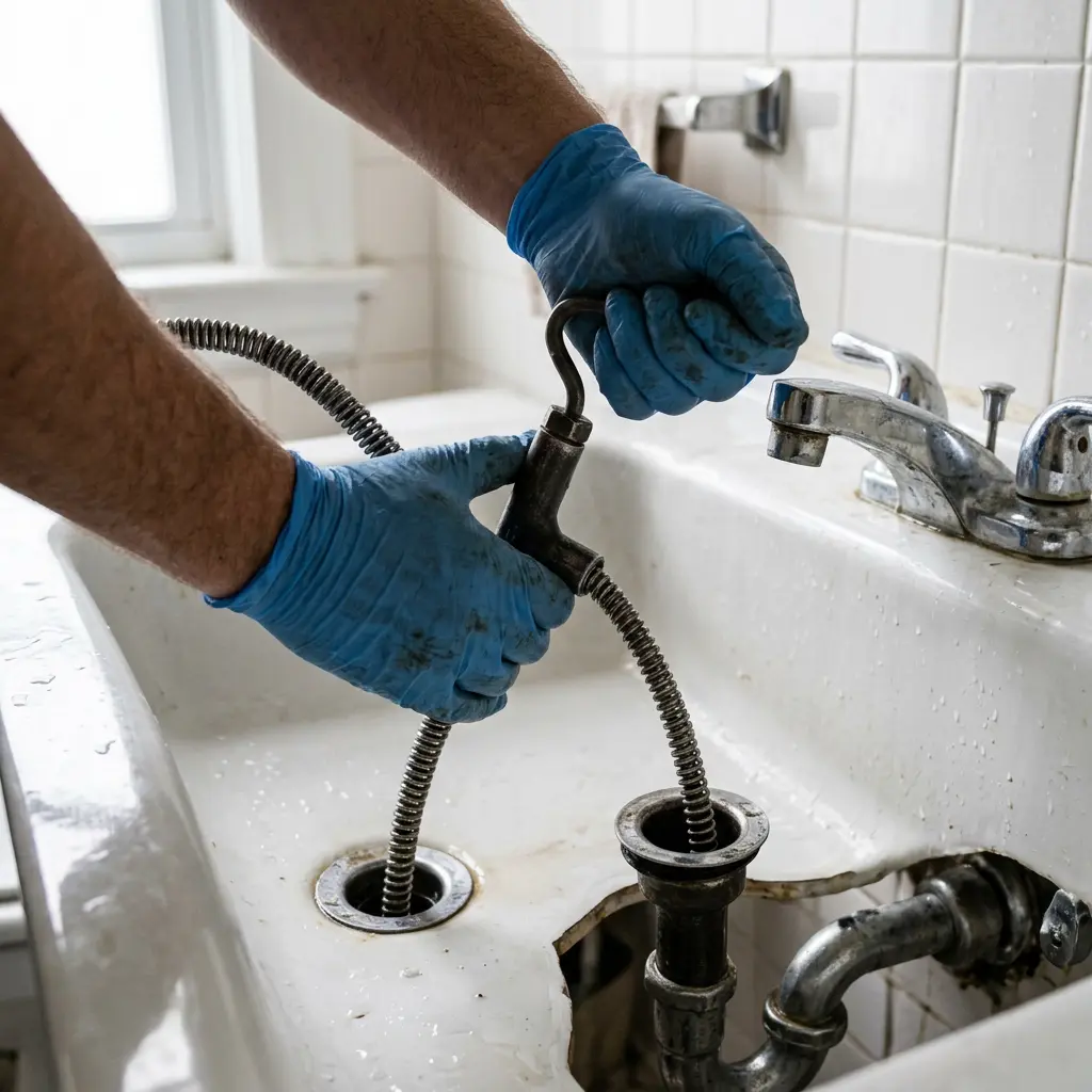 A technician wearing rubber gloves to maneuver a metallic drain snake into a bathroom vanity drain opening in Lake Oswego.