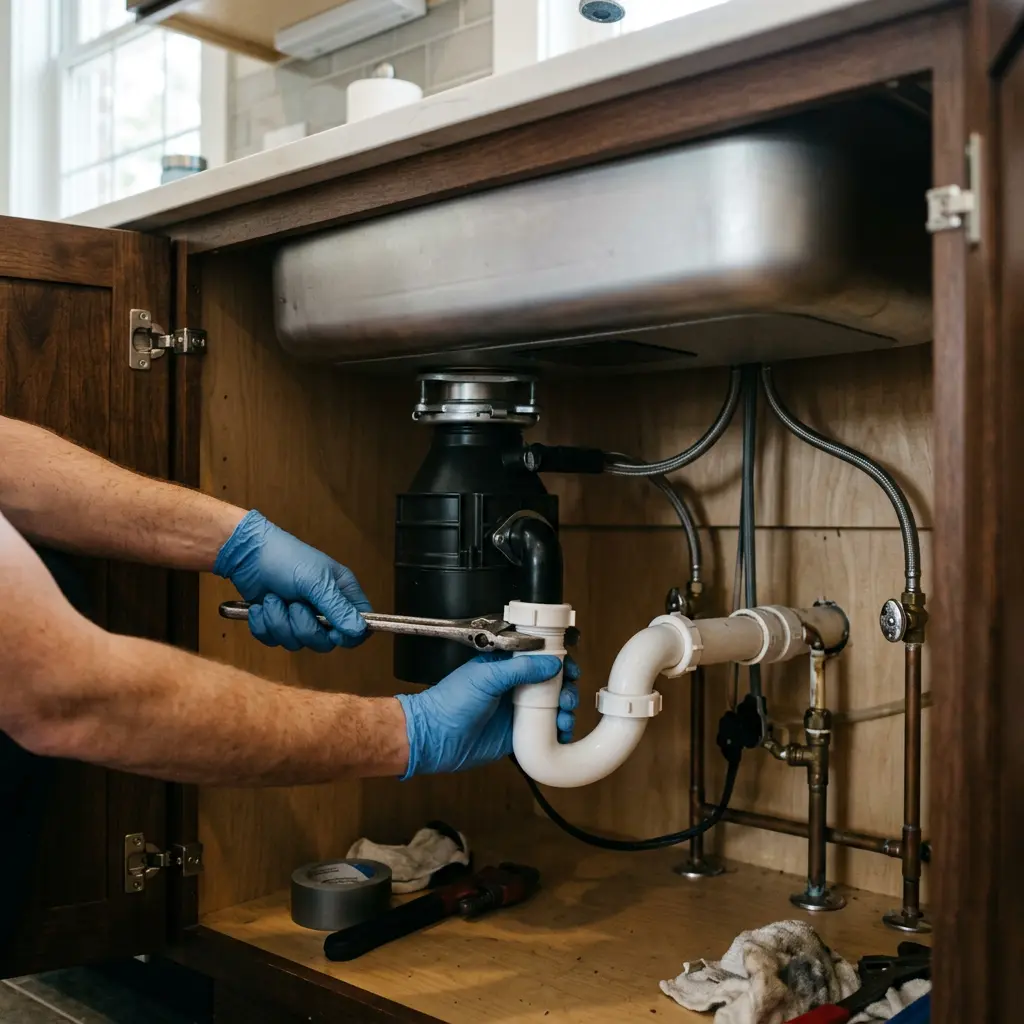 A plumber in blue gloves securing a white PVC P-trap to a garbage disposal under a kitchen sink in Portland.