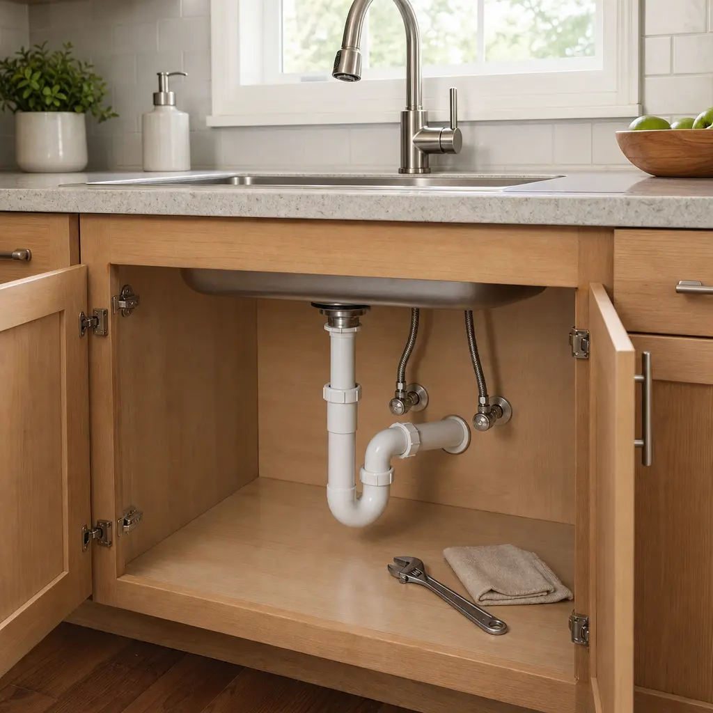 A clean under-sink cabinet layout featuring white PVC P-trap pipes and braided supply lines in Scappoose.