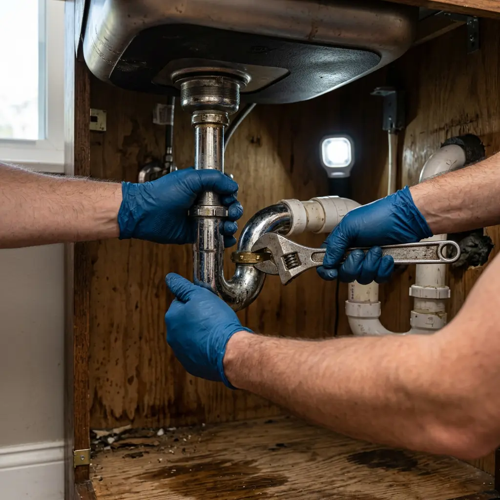 Two technicians in blue gloves aligning a metallic P-trap assembly beneath a sink drain in Lake Oswego.