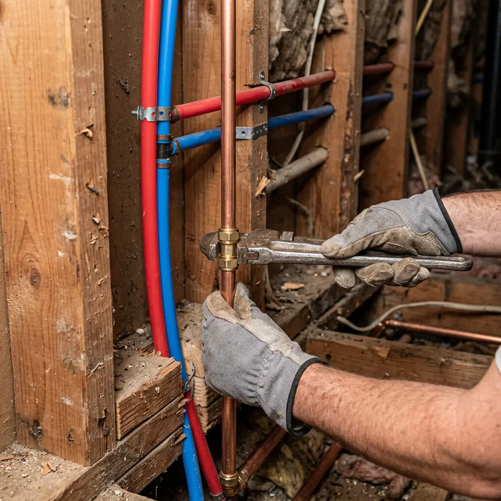 A plumber holding a pipe wrench to connect copper lines alongside red and blue PEX tubing inside wall studs in Beaverton.