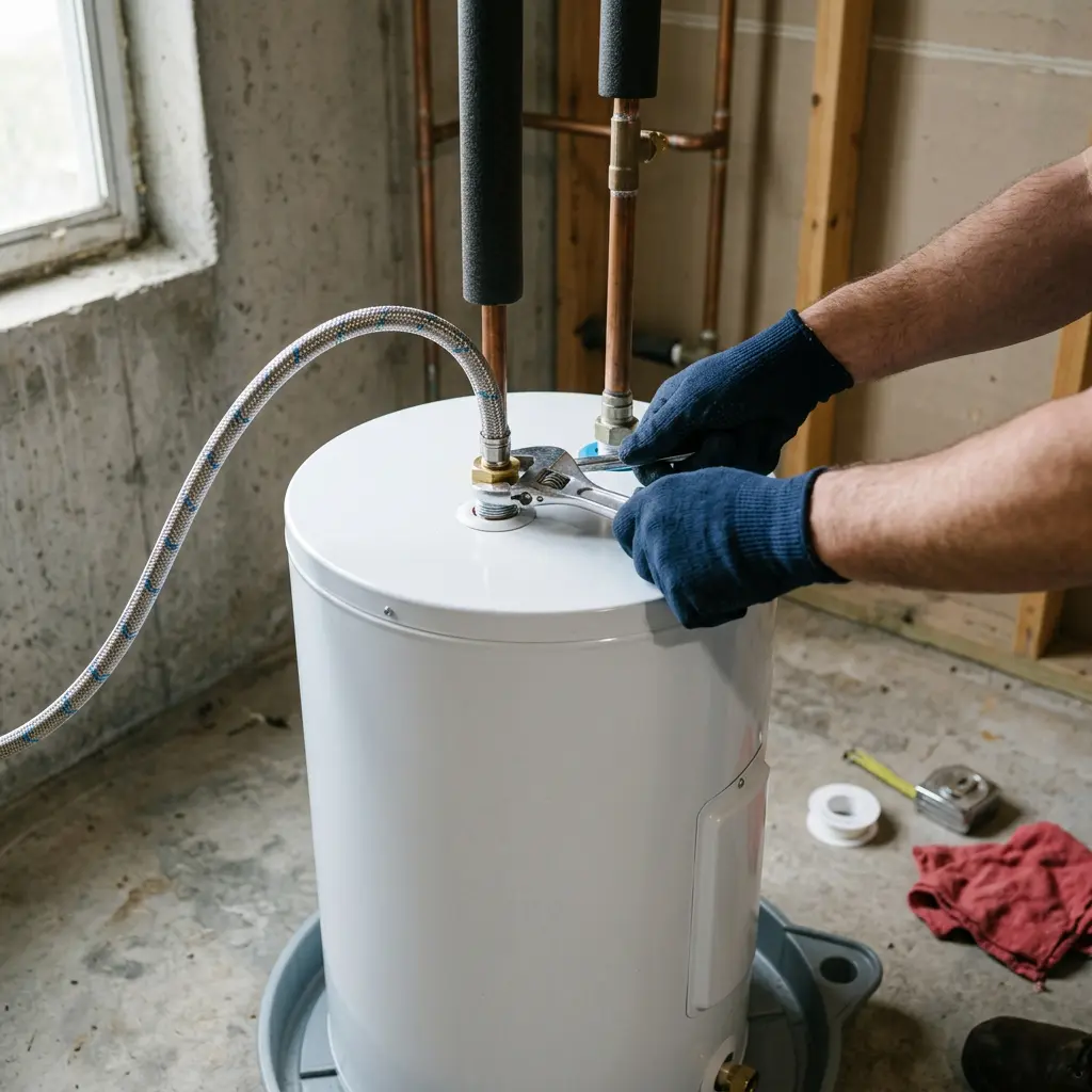 A plumber holding a wrench to attach a braided flexible water line to a white heater tank top in Lake Oswego.