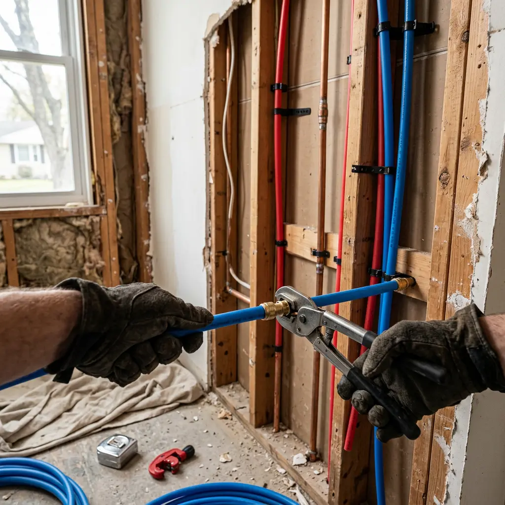 A technician using a crimping tool on a blue PEX line inside an exposed wall frame during pipe repairs in Lake Oswego.