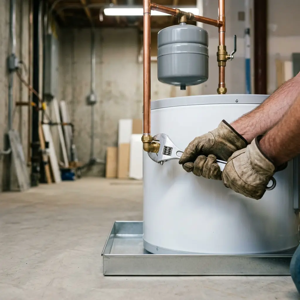 Gloved hands using a wrench to tighten brass fittings on a water heater tank in a Hillsboro basement.