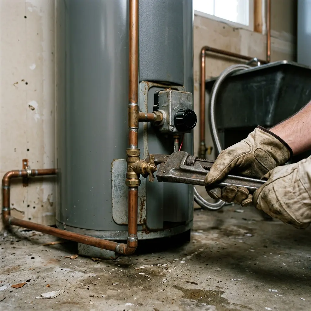 A plumber operating a heavy pipe wrench on copper gas line fittings beside a water heater in Lake Oswego.