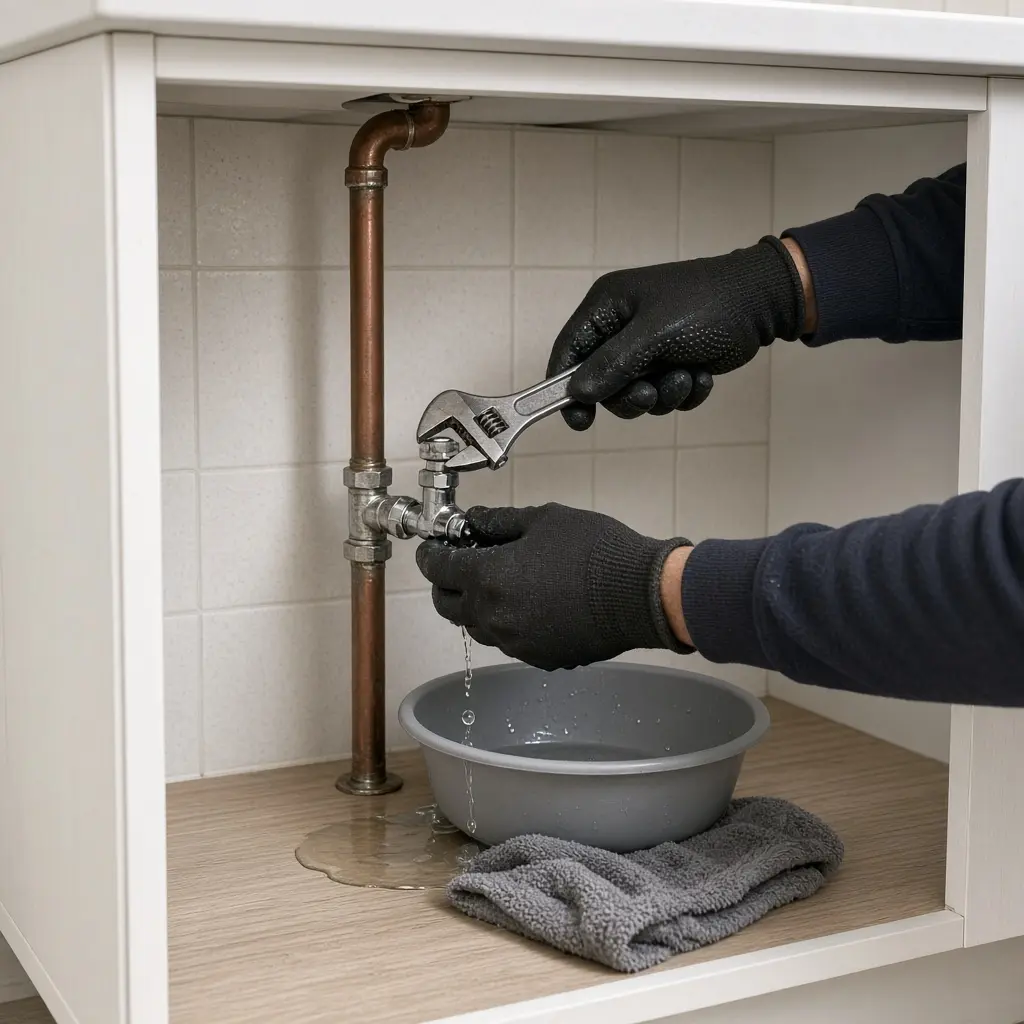 A worker adjusting a copper valve fitting dripping water into a plastic dish inside a white cabinet in Hillsboro.