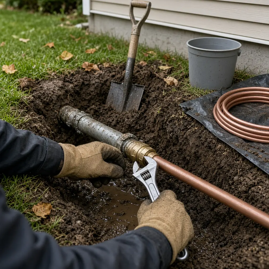A worker using an adjustable wrench to connect a copper pipe fitting in a shallow lawn trench in Hillsboro.