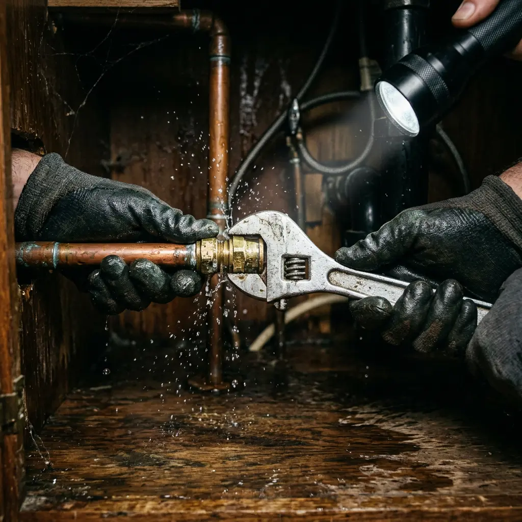 Gloved hands using a wrench and flashlight to seal a leaking brass coupling inside a wooden cabinet in Lake Oswego.