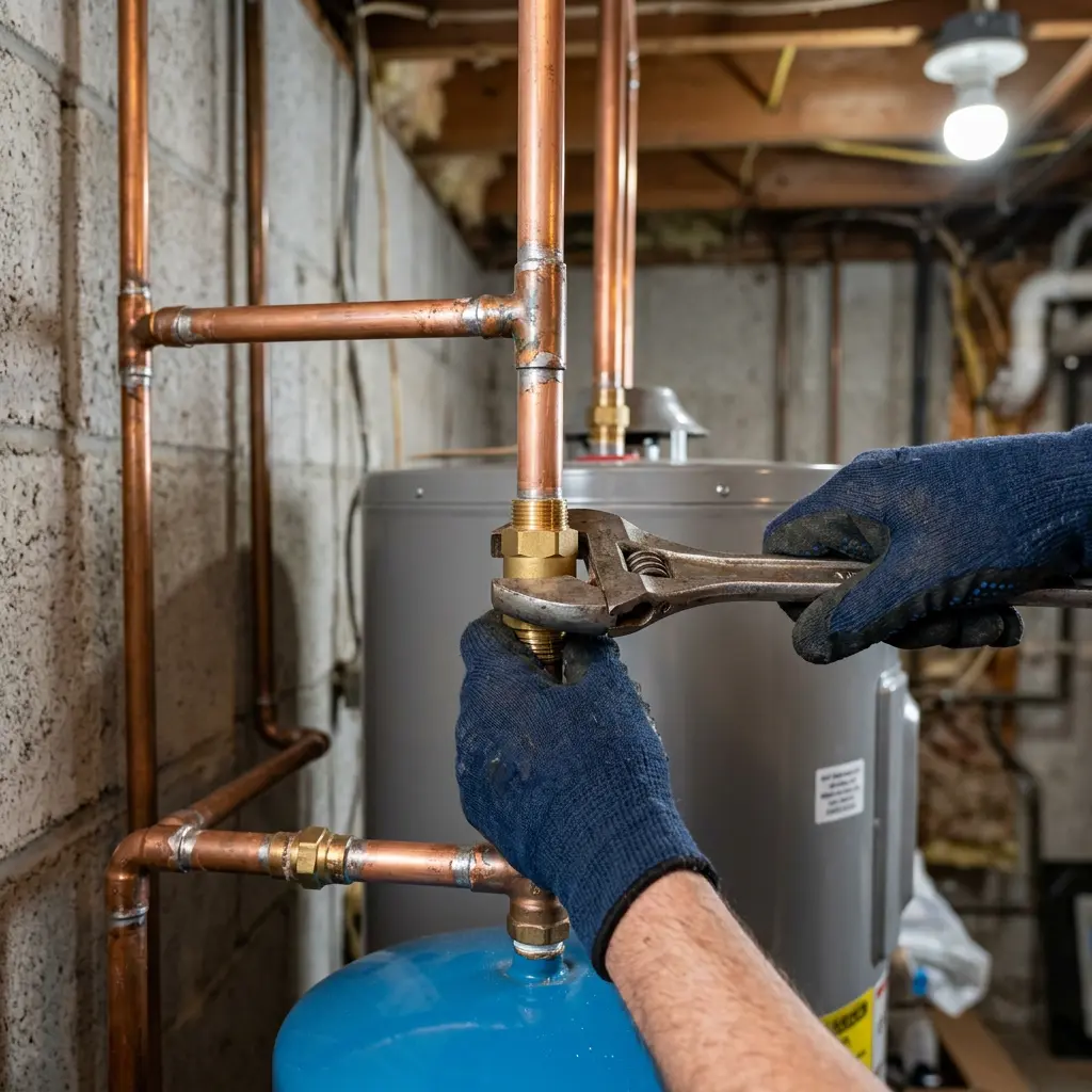 A plumber using a wrench to connect copper pipes above an expansion tank during a water heater installation in Portland.