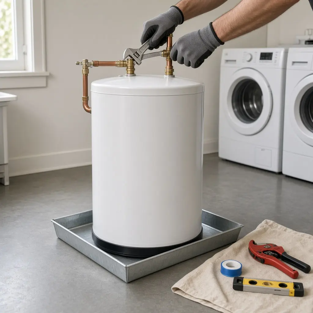 A plumber in gloves tightening top copper lines on a new water heater tank in a Scappoose laundry room.