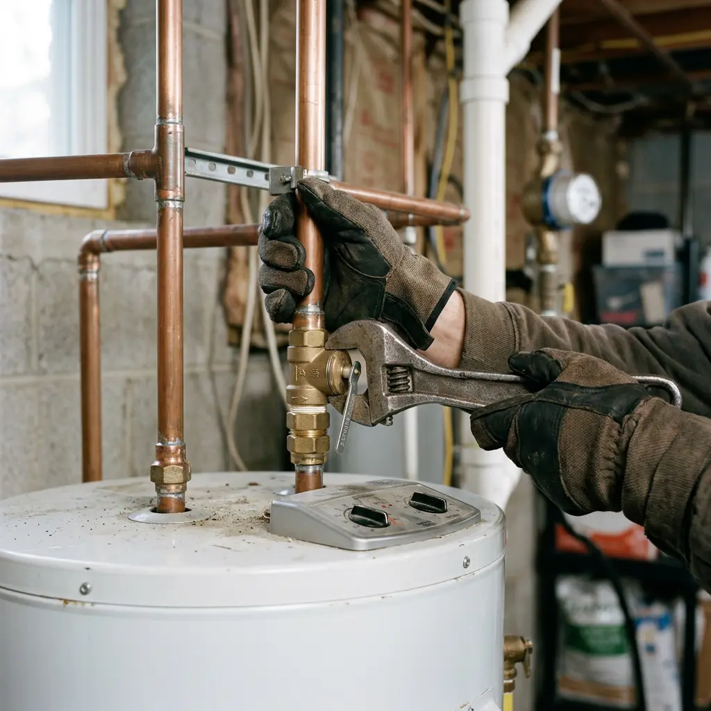 A plumber holding an adjustable wrench to tighten copper pipe valves on a white water heater in Portland.