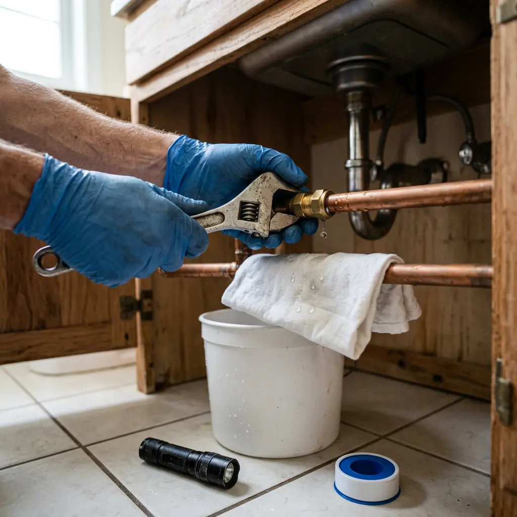 A plumber in blue gloves holding a wrench to seal a dripping copper compression joint under a cabinet in Beaverton.