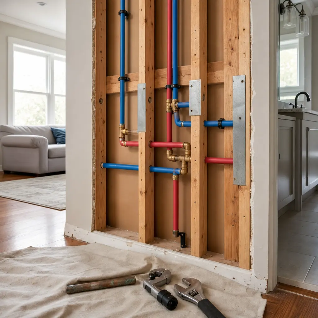Red and blue PEX water pipes installed inside framed bathroom walls during a whole house repiping project in Portland.