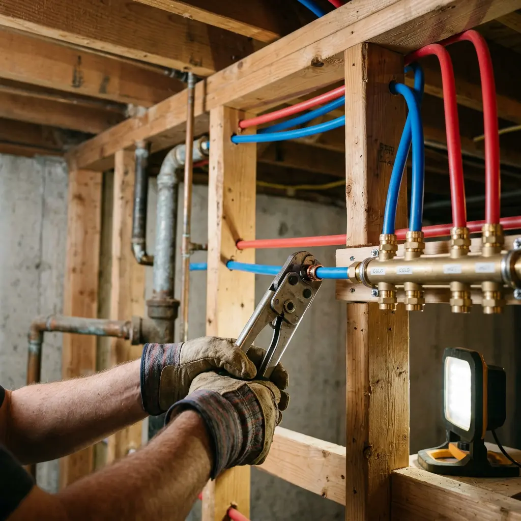 A worker crimping a blue PEX line onto a labeled plumbing manifold lit by a work light in Scappoose.